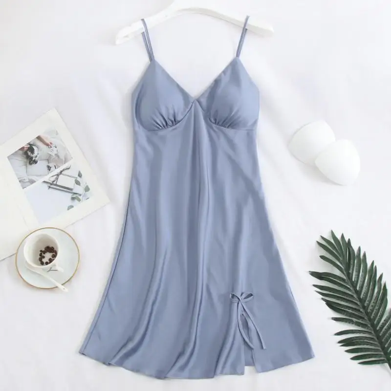 

Summer Sleepwear Sexy Split Nightdress Women Suspender Strap Nightgown With Bowknot V-Neck Intimate Lingerie Short Home Wear