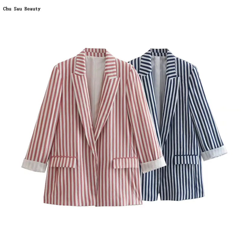 

Chu Sau Beauty 2022 ZA New Women Pocket Decorative Striped Suit Spring Autumn Fashion Casual Versatile Long Sleeve Jacket