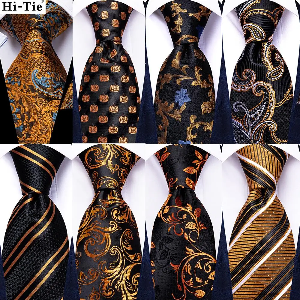 

Hi-Tie Gold Black Floral Men's Gift Tie Set Silk Wedding Ties For Men New Fashion Designer Quality Hanky Cufflinks Dropshipping