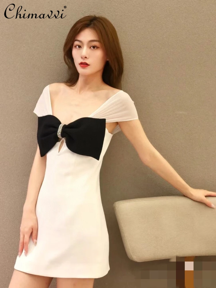 

Fashion Black Bowknot Off-Shoulder Sweet Cute Women's Dress 2023 Summer Temperament Slimming Party Dress Short Princess Dress