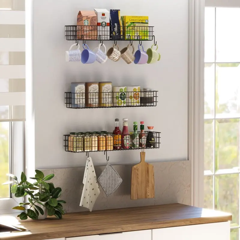 

Black Metal Wire Storage Baskets with 10 Hanging Hook Fruit Basket for Kitchen Pantry Organizer, Multi-Size, Set of 3