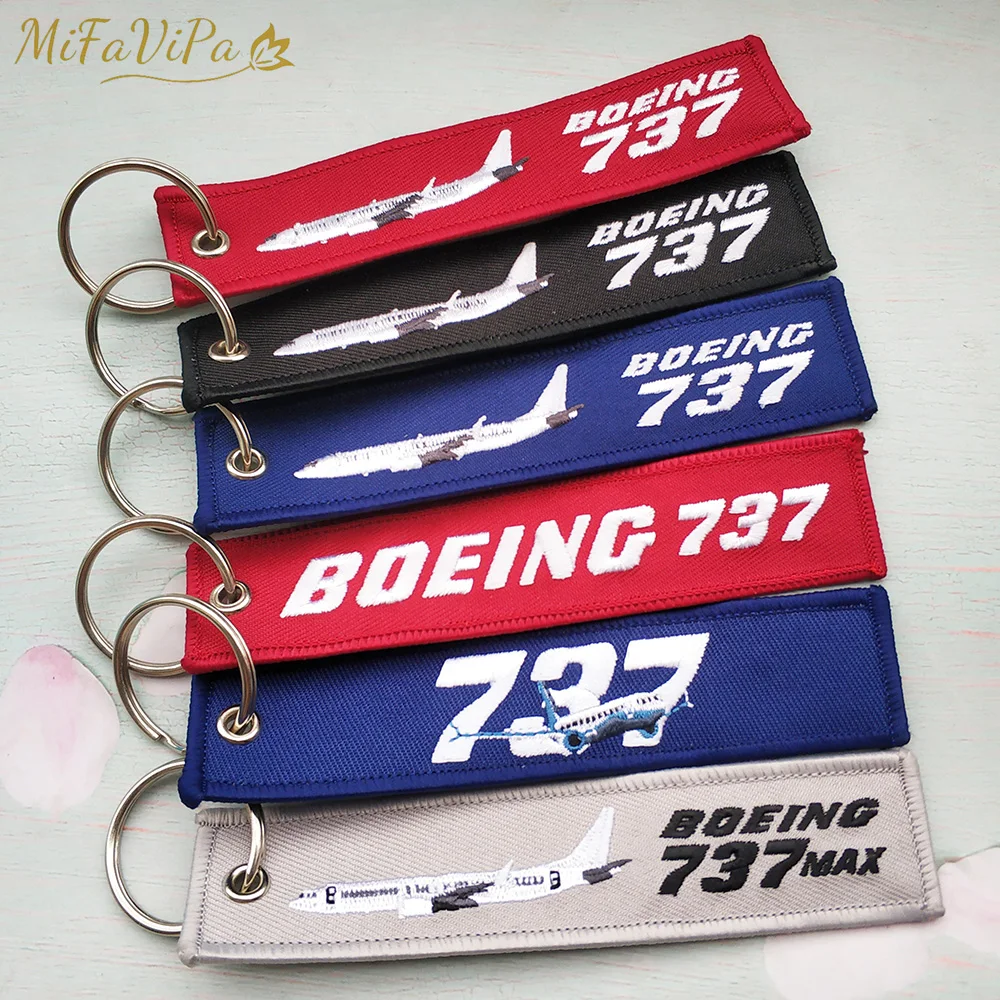 MiFaViPa Embroidery Boeing 737 Keychain Phone Strap Black Red Aviation Key Chains for Pilot Gifts Men Flight Crew Luggage Tags