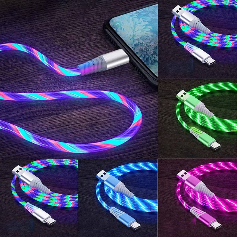 

Glowing Cable LED Micro USB Type C Cable 3A Fast Charging for iPhone Samsung Xiaomi OPPO Huawei Flowing Streamer USB C Cord 2M