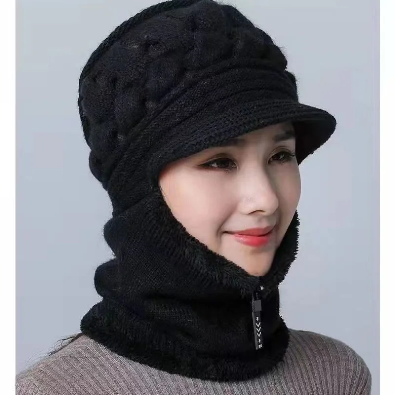Hat plush warm bib mother hat one-piece knitted hat women's elderly winter leisure thickened wool hat gorros invierno niña