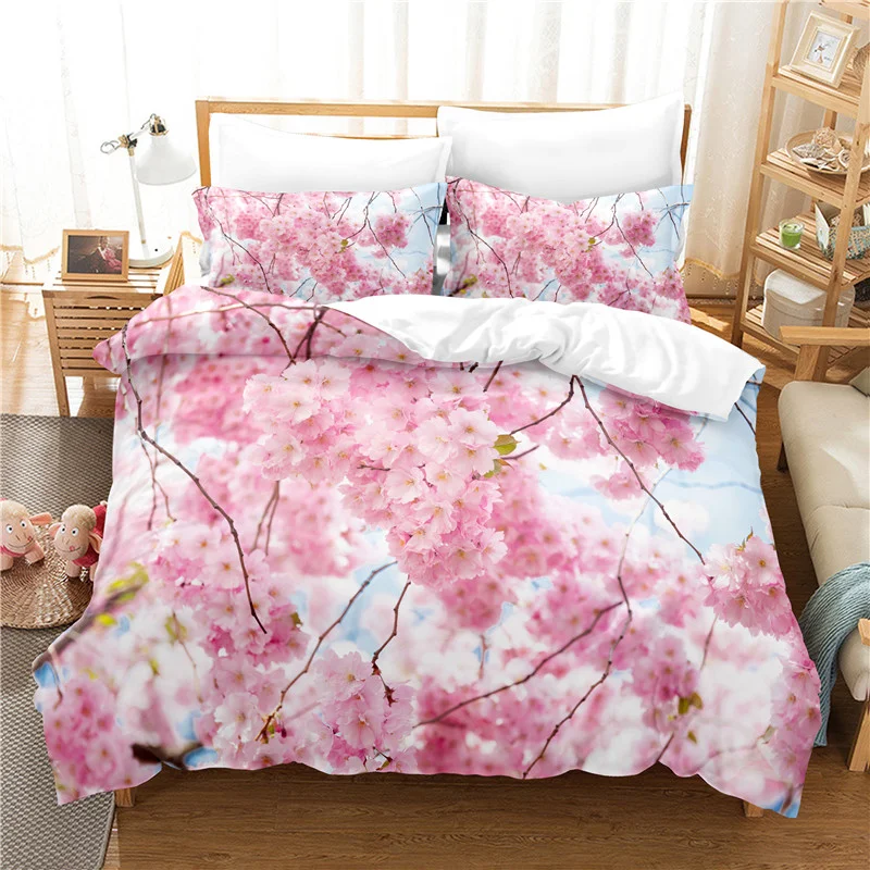 Pink Cherry Blossom Bedding Set Duvet Cover Comforter Set Couple 3D King Queen Double Quilt Cover 3pcs Bedroom Duvet Cover