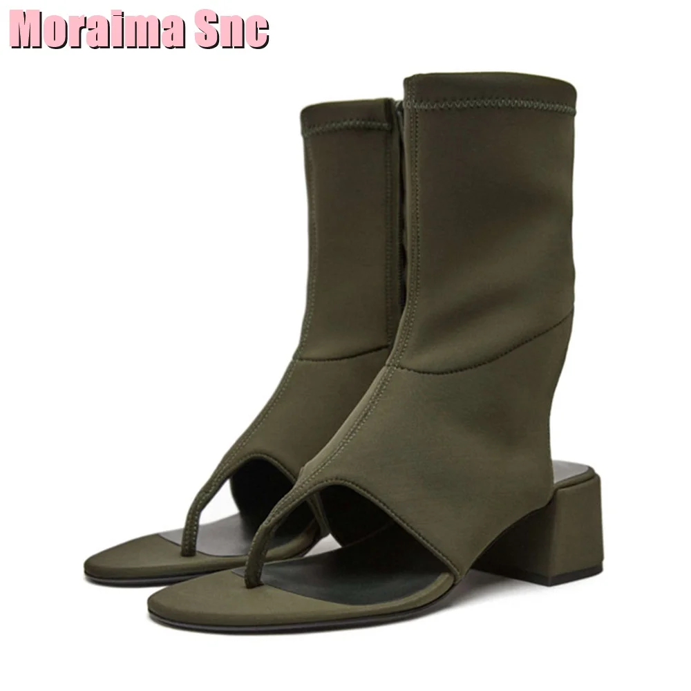 Clip Toe Lycra Slingback Ankle Boots Round Toe Side Zipper Block Mid Heel Army Green Solid Sexy Women Shoes Summer Fashion 2023