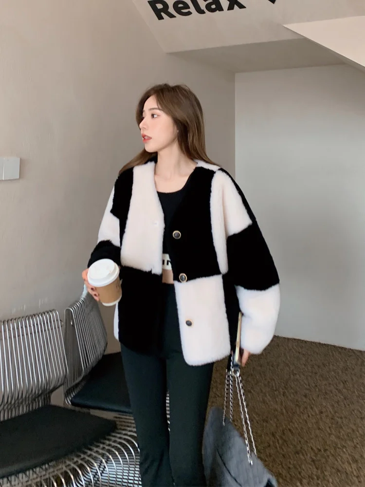 Lamb Wool Coat Autumn Winter 2022 Korean Chic Women Checkerboard Wool Grain Cashmere Lamb Fur Coat Fashion Casual Lady Jackets