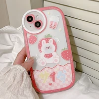 cute sweet strawberry rabbit clear phone case for iphone 13 11 12 pro x xr xs max 7 8 plus round lens protect cartoon soft cover