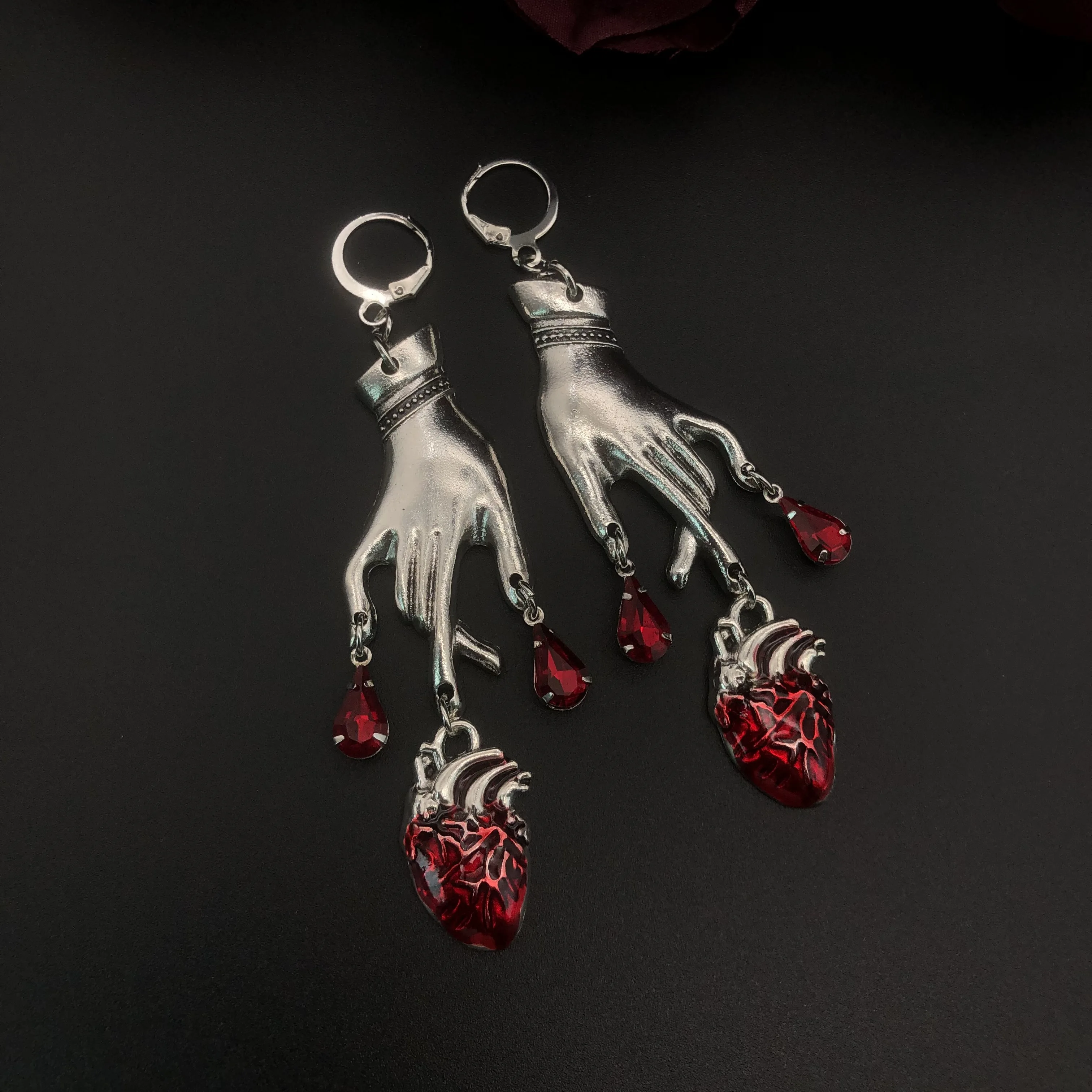 

Bleeding Heart Dangle Earrings with Red Blood Drops Witchy Gothic Vampire Spooky Boho Bohemian