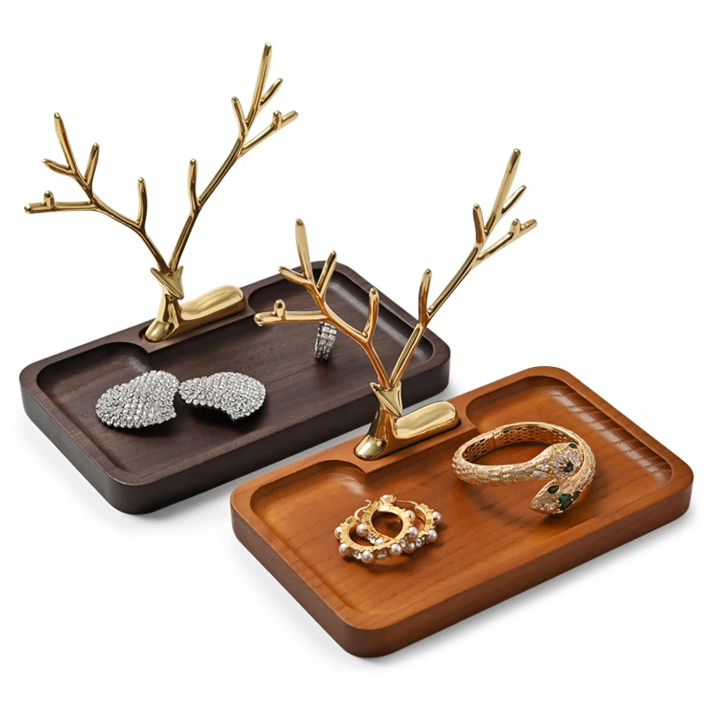 Oirlv New Wooden Deer Earring Necklace Pendant Bracelet Metal Walnut Jewelry Cases Display Stand Tray Tree Storage