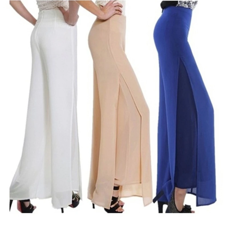 

Women Summer New Wide Leg Pants High Waist Double Layers Side Split Chiffon Zipper Loose Black Elegant Dance Trousers Hot Sale