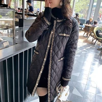 women elegant o neck button lightweight long warm outerwear tassels patchwork female black padded jacket 2021 winter wadded coat