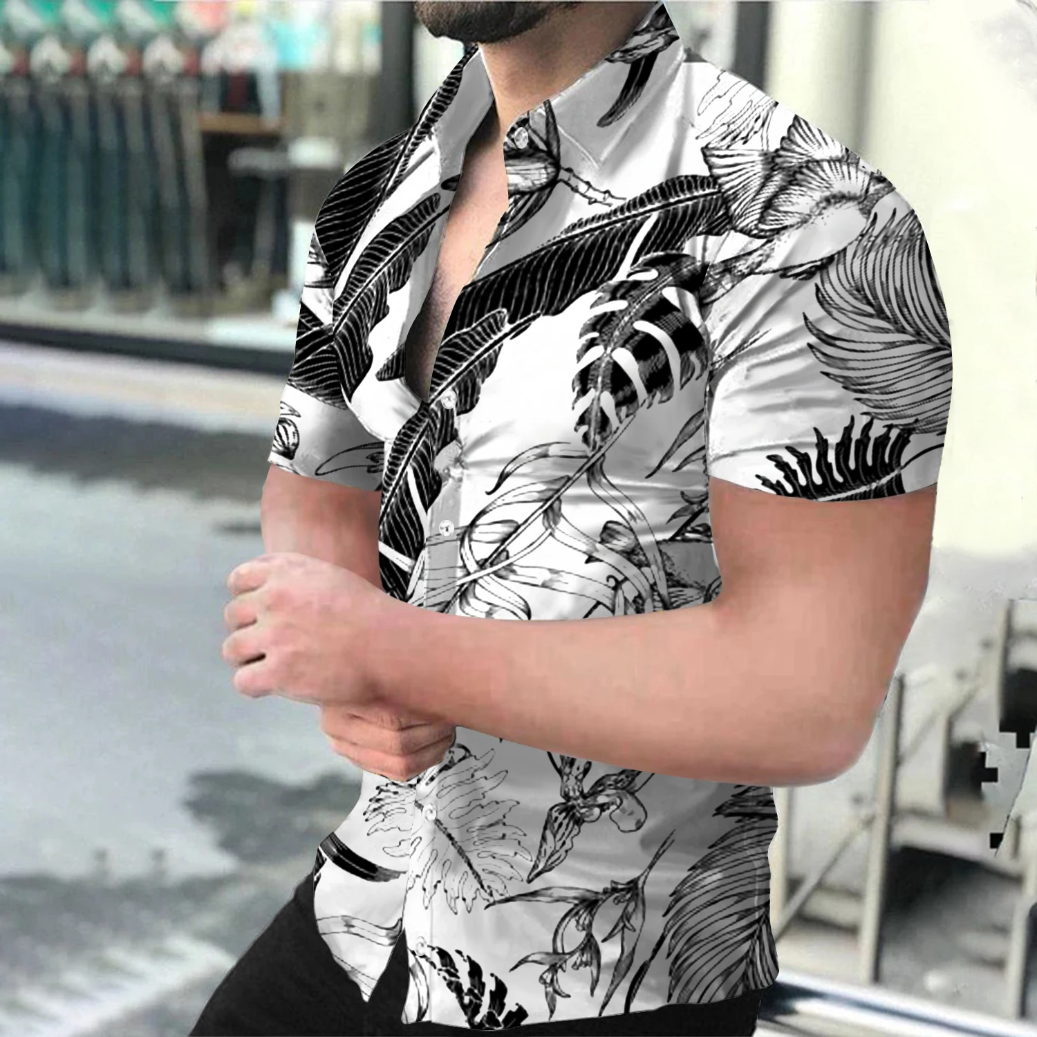 Summer Fashion Men's Social Shirts Turn-Down Collar Buttoned Shirt Men Casual Leaves Print Short Sleeve Tops Hemden Herren S-6XL