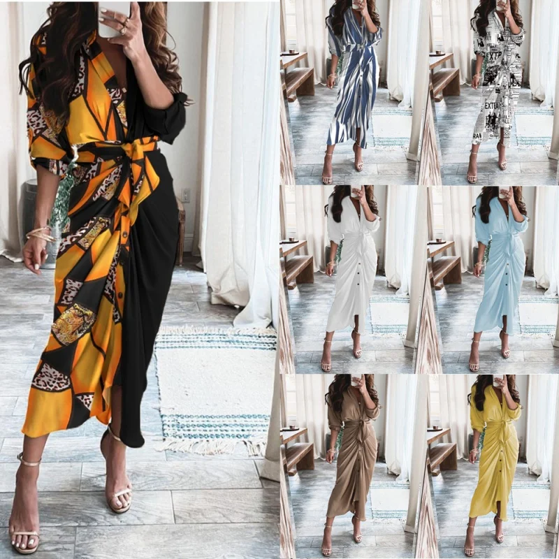 

21 AliExpress Autumn Long Sleeve V-neck Belt Button Printed Dress Pleated Maxi Dress Women's Clothing