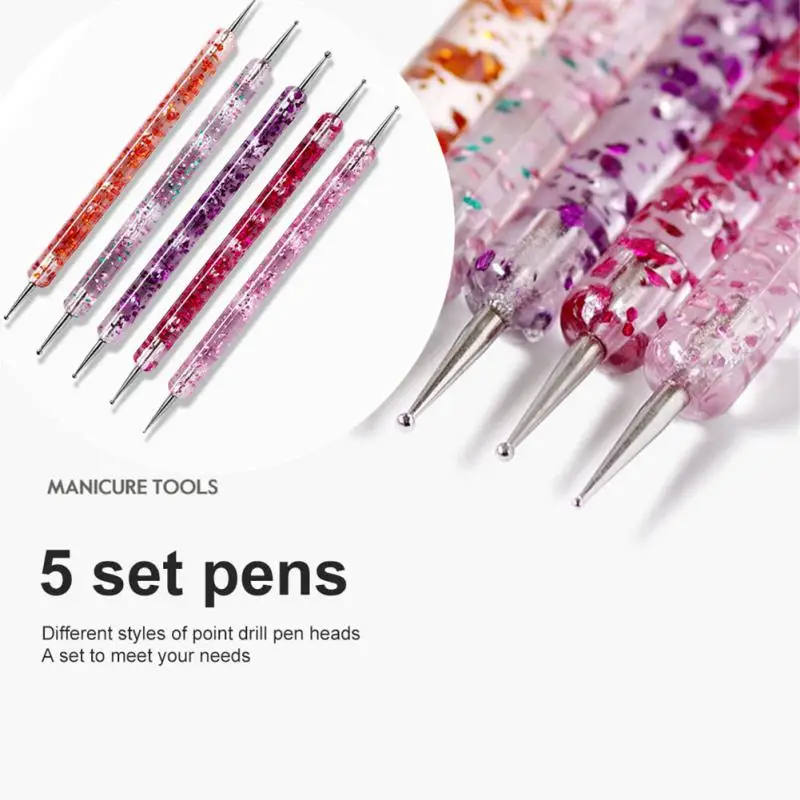 

5pcs Dual-ended Nail Dotting Pen Crystal Beads Handle Rhinestone Studs Picker Wax Pencil Manicure Nail Art Tool