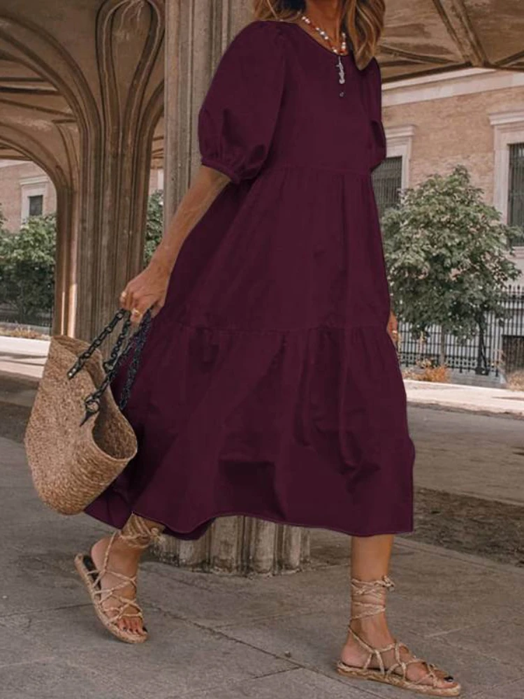 

2023 Summer Women Korean Fashion Solid Color Dress Sexy Boho Style Fashion O-Neck Half Sleeve Loose Dresses for Women Streetwear