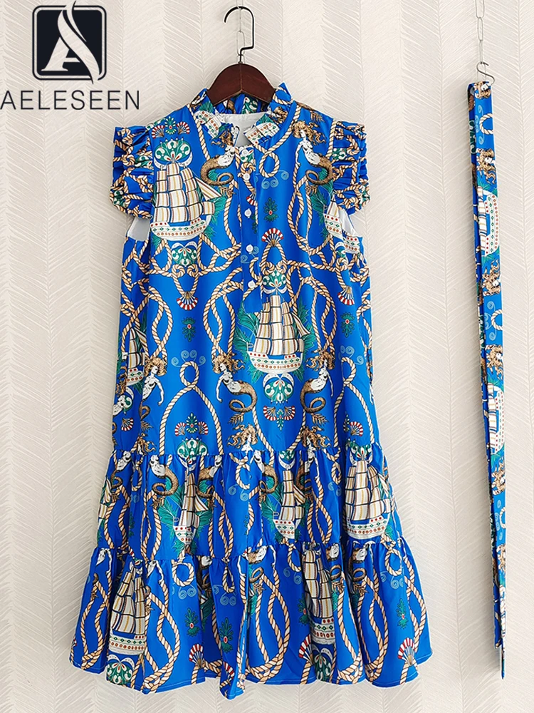 

AELESEEN Runway Fashion Women Dress Butterfly Sleeve Blue Flower Print Ruffles Casual Blet Mini Loose Holiday Vacation