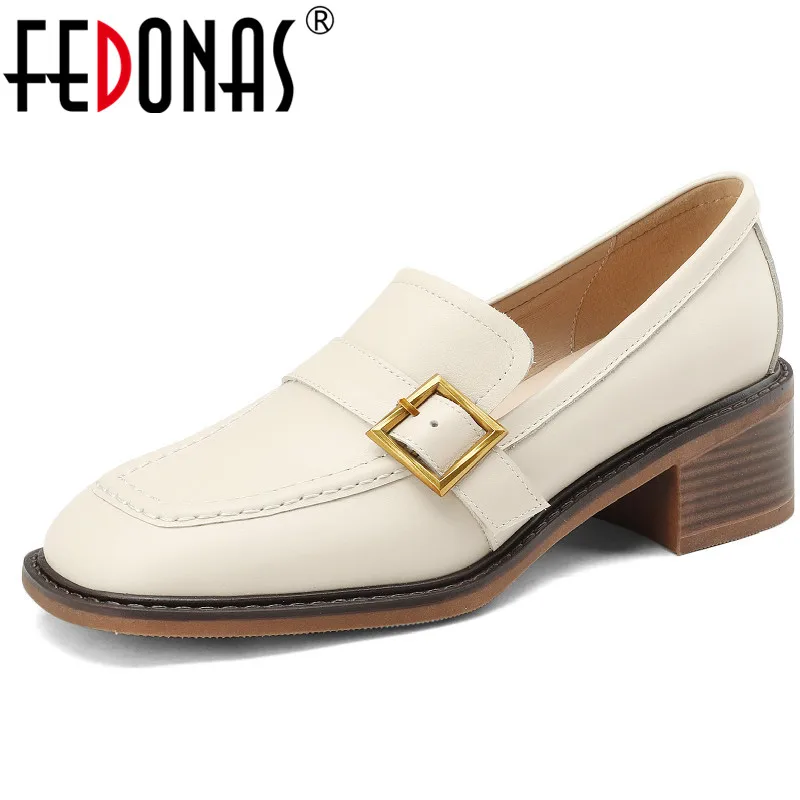 

FEDONAS Retro Mature Women Pumps Classic Spring Autumn Office Dress Thick Heels Square Toe Buckle Genuine Leather Shoes Woman