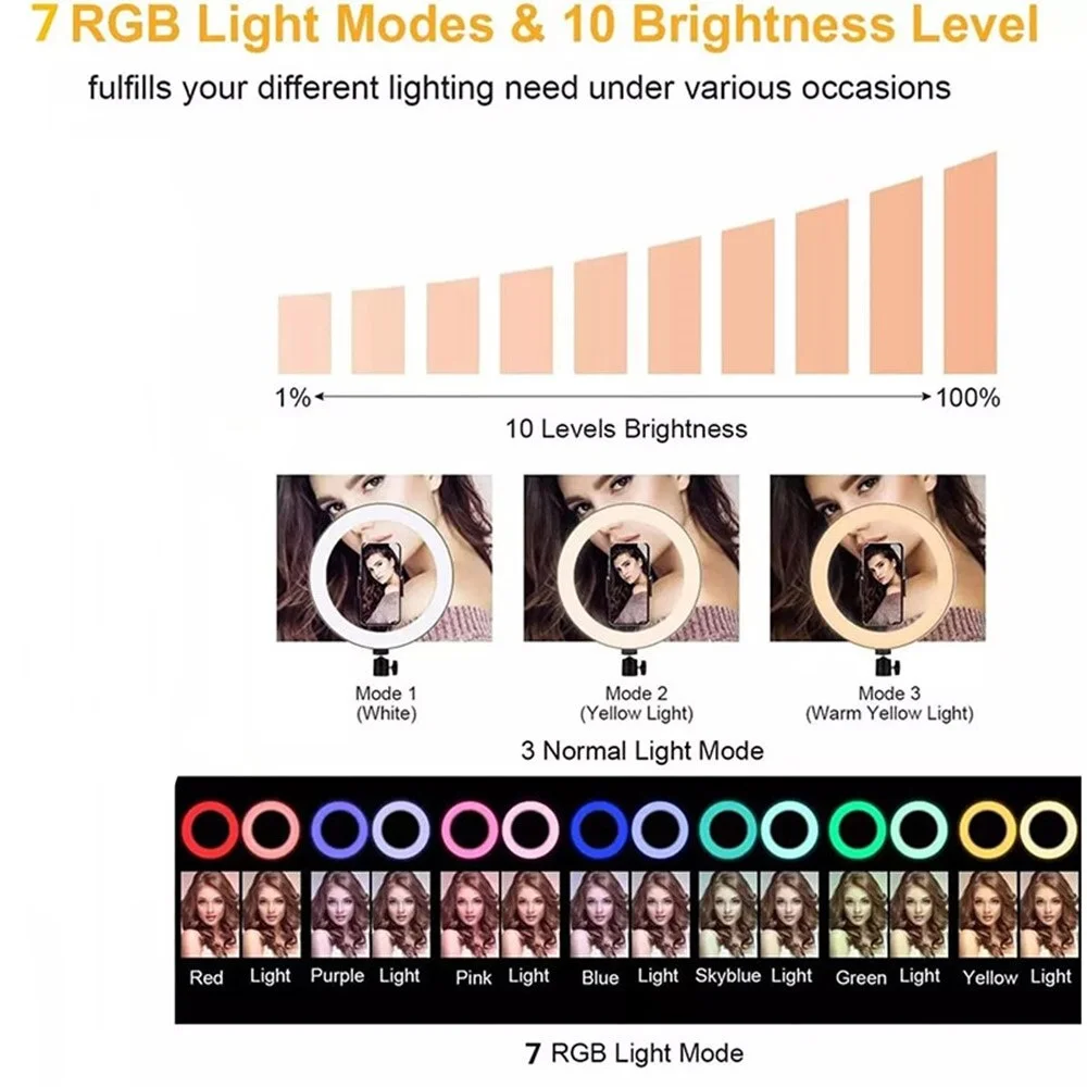 universal selfie rgb led ring fill light photography dimmable rgb lamp with tripod for makeup video live aro de movil luz para free global shipping