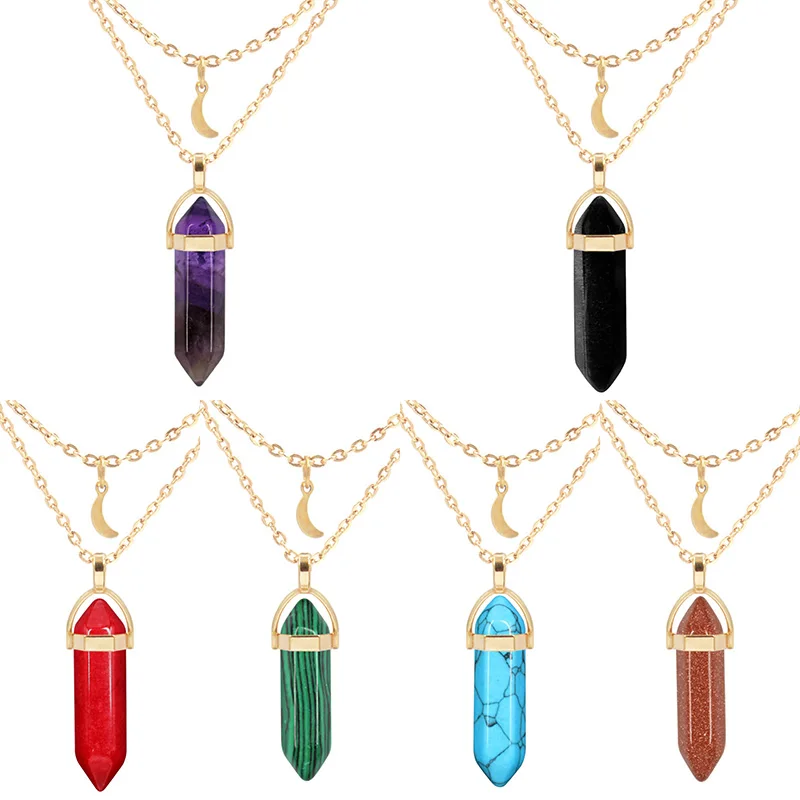 

Vintage Moon Multilayer Sweater Chain Bohemian Natural Stone Crystal Hexagonal Column Pendant Necklace Jewelry for Women Party