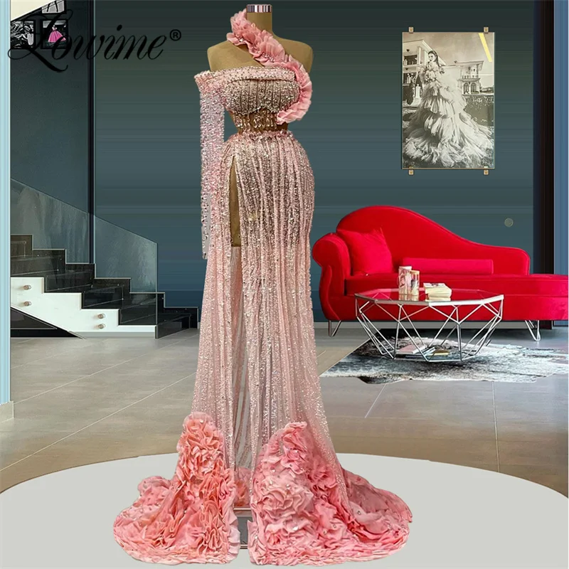 

Pink See Through Long One Shoulder Party Dresses Wedding Women Evening Gowns 2022 Crystals Beading Prom Dress With High Split