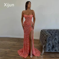 xijun elegant sweetheart evening dresses mermaid backless floor length women prom gowns side split sexy glitter robes de soir%c3%a9e