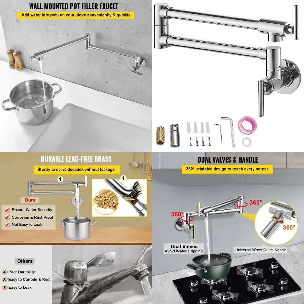 

Water Luxurious Polished Chrome Finish Solid Brass 2 Handles Wall Mount Folding Restaurant Faucet for Hot/Cold Water.