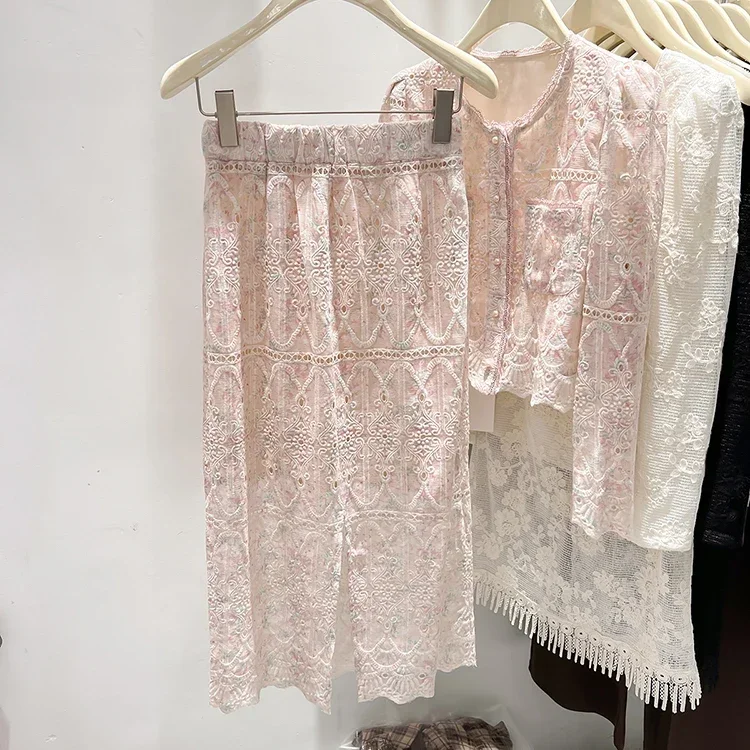 Кружевной цветочный принт Розовый комплект из 2 предметов с круглым вырезом и