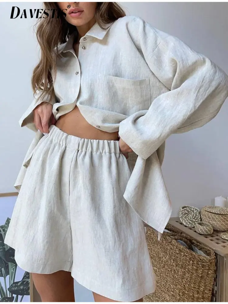 

Set of Two Fashion Pieces for Women Spring Summer Casual Cotton Linen Long Sleeve Shirt Shorts Set Women Loose 2 Piece Set