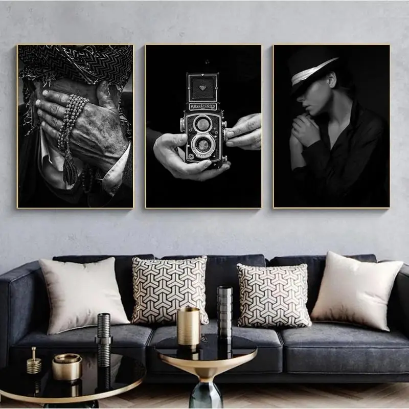 

Black and White Photo Modern Poster Camera Man Woman Canvas Painting Home Decor for Living Room Bedroom Photography Studio Decor