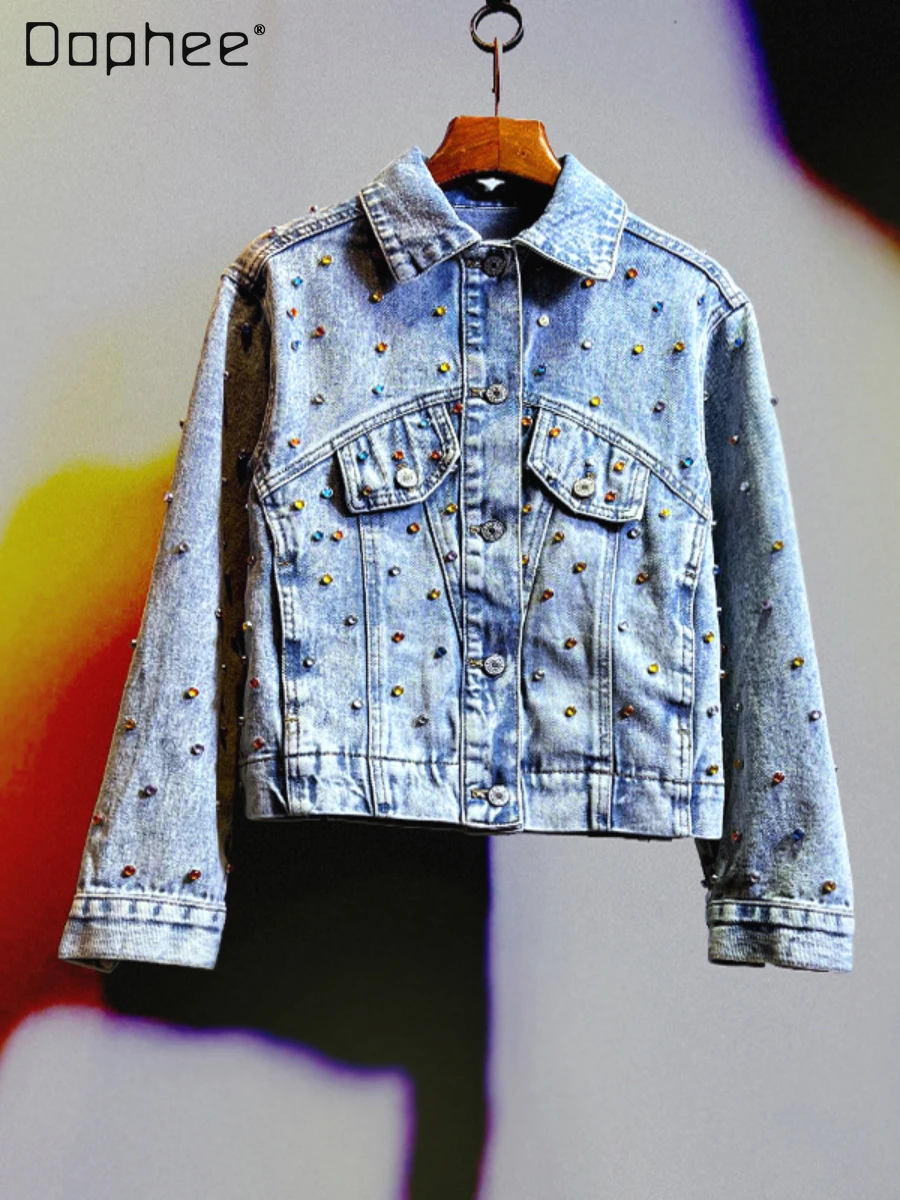 

Новинка весна-осень красочная джинсовая куртка Стразы с длинными рукавами женская короткая Свободная джинсовая куртка из искусственной ко...