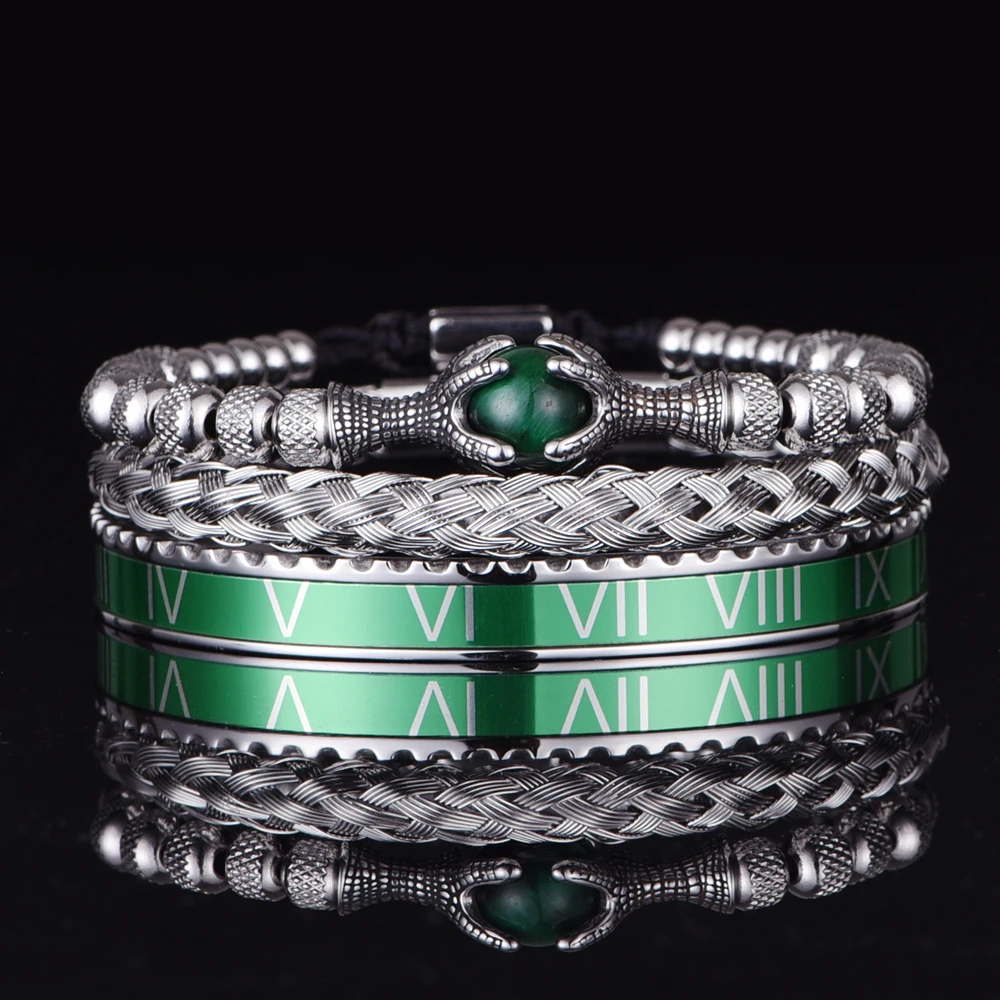 

Luxury Set Roman Numeral Bracelet Stainless Steel Handmade Rope Bangles Men Eagle Bracelets With Tigereye Natural Stone Jewelry