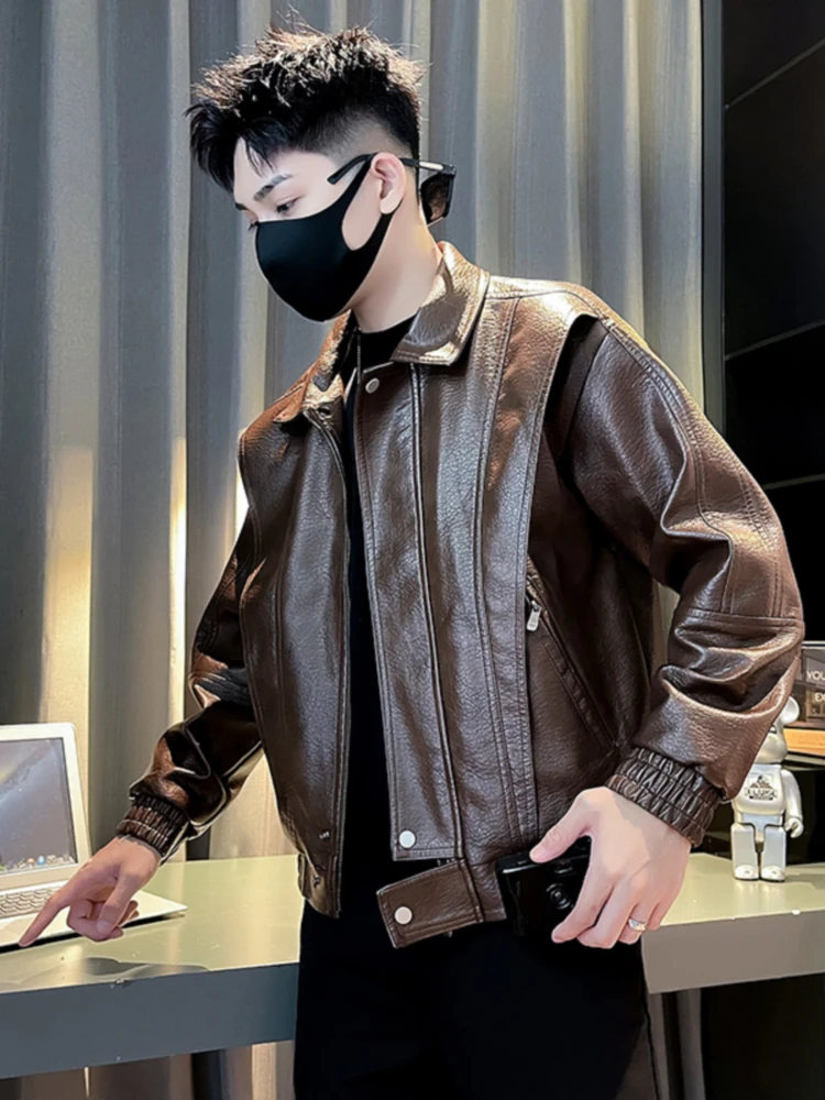 Мотоциклетное кожаное пальто кофейного цвета верхняя одежда мужская