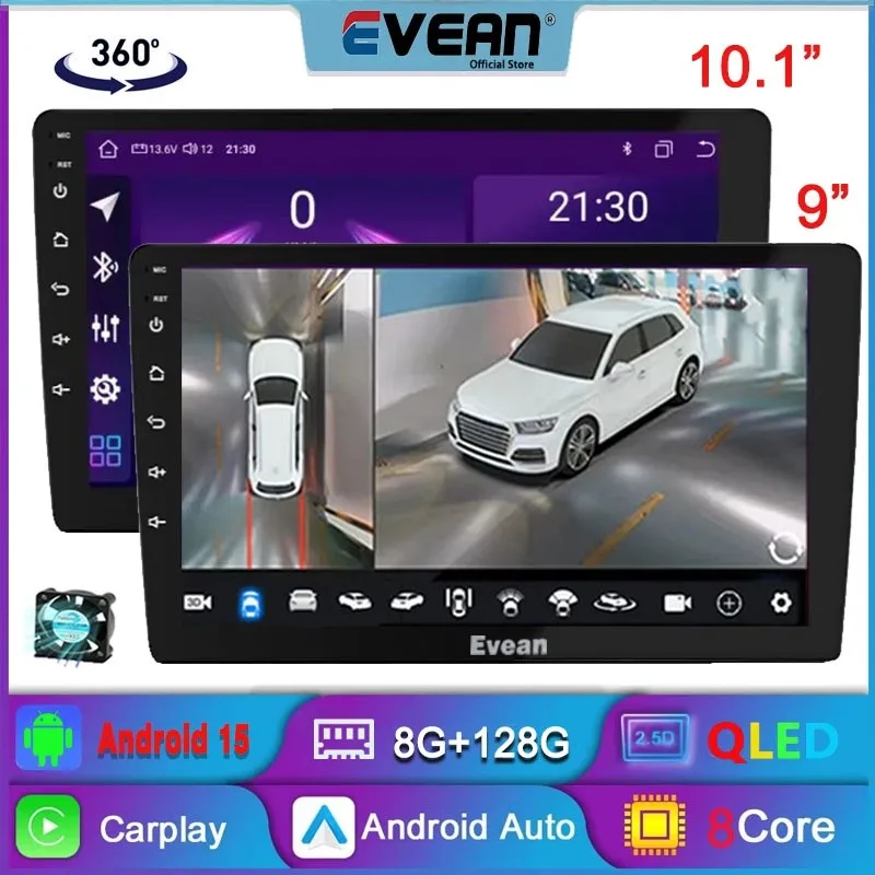 Фото Evean 8G 128G Восьмиядерный автомобильный радиоприемник Android15 с охлаждающим вентилятором Беспроводной Carplay Android Auto 2 din Мультимедийный плеер 360 Камера №1