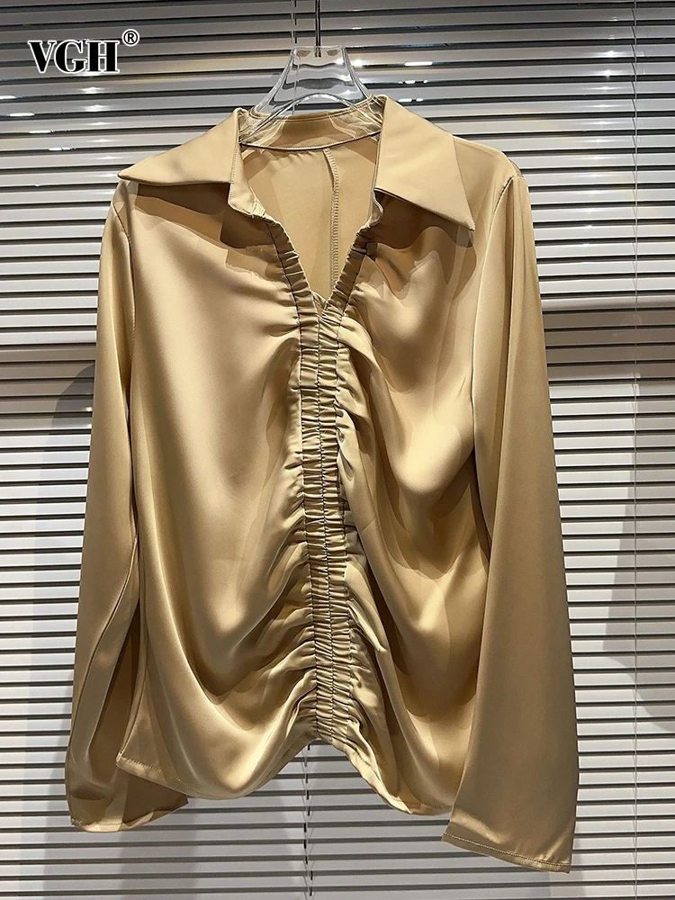 

Женская блузка с отложным воротником VGH, однотонная свободная элегантная рубашка с длинным рукавом и асимметричным подолом, Модная стильная одежда