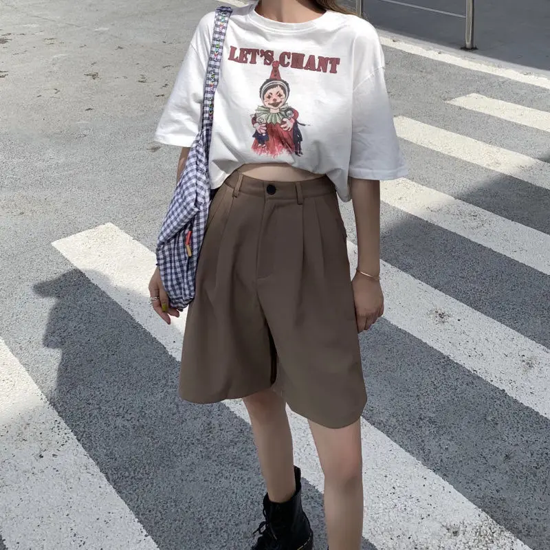 Korea Summer Women Wide Leg Suit Shorts Office Lady High Waist Khaki Shorts Oversize Loose Button Black Classic Casual Shorts