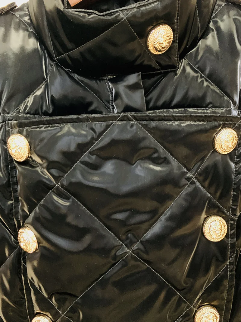 Fashion design winter woman white duck down puffer jacket stand collar glossy black coats gold lion buttons warm Japanese Korean