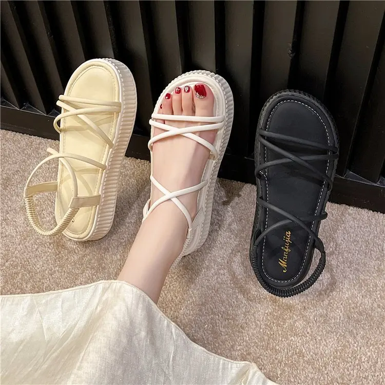 

Low Sandals Woman Leather Muffins shoe Cross 2023 Summer Female Shoe All-Match Strappy Heels Cross-Shoes Low-heeled Flat Girls N