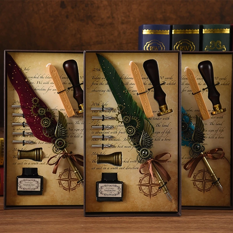 

Retro Mechanica Antique Feather Dip Pen Kit Retro Wooden Dip Pen Set Classic Wax Seal Stamp Kit for Calligraphy Art Words Gifts