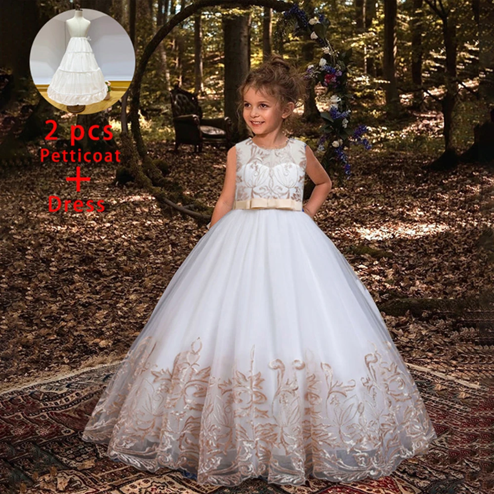 

Embroidery White Bridesmaid Dress Pageant Prom Kids Princess Party Dress For Girl Children Bow Wedding Ball Gown With Petticoat