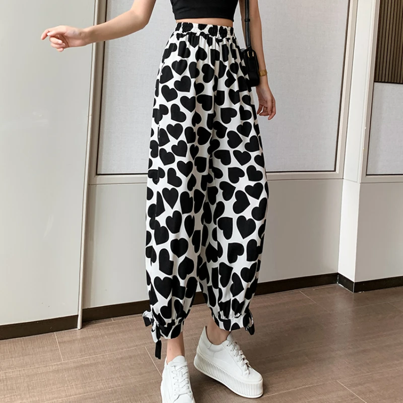 

Women Korean Fashion Print Ankle Banded Pants 2021 Casual Loose Bloomers Chiffon Pant Female Comfortable Summer Trousers Sweet