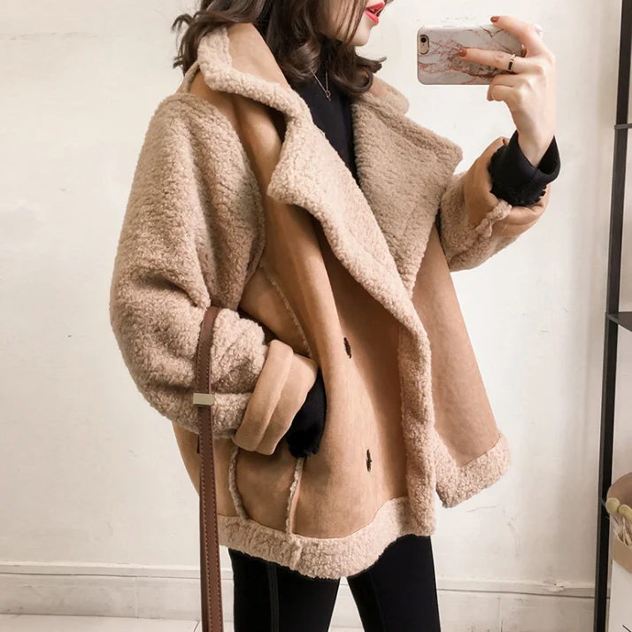 2021 Autumn New Women Winter Faux Fur Suede Jackets Coat Thicken Warm Lambswool Teddy Coats Ladies Loose Oversized Outwear Tops