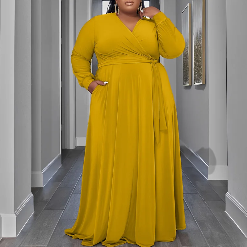 

Платье женское длинное однотонное с V-образным вырезом, длинными рукавами и карманами