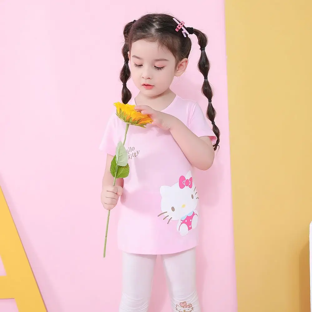 

Новинка Kawaii Hello Kitty аниме детская одежда для девочек Летний Тонкий комплект с коротким рукавом повседневные свободные универсальные милые леггинсы комплект из двух предметов