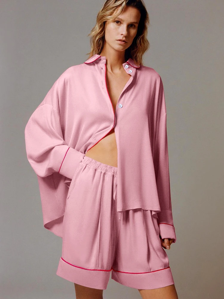 

Однобортная новая женская одежда для сна Hiloc атласная пижама с рукавом три четверти для женщин комплект из двух предметов с отложным воротником 2023