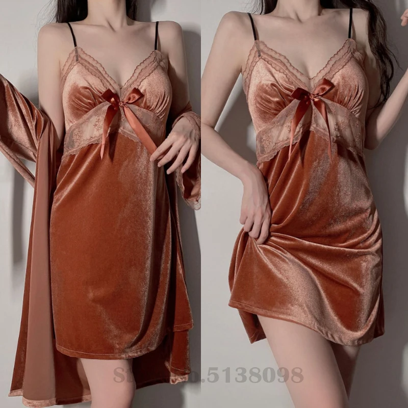 

Women's Sexy Lace Hollow Bow Nighty&robe Set Spring Autumn Velvet Open Back Suspended Bathrobe Suit Loose Casual Home Clothing