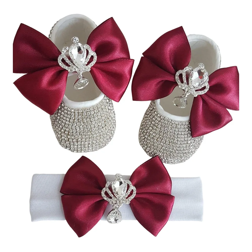 

Luxury Crown Bow Girl Shoes Headband Suit Newborn Photography New Shiny Baby Christening Shoes Soft Comfortable Infant Footwear