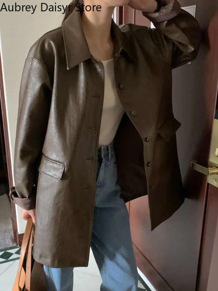 Korean Long Black Leather Moto Jacket Women Streetwear Fashion Female Loose Leather Suit Blazers Casual Vintage Winter Coat 2022