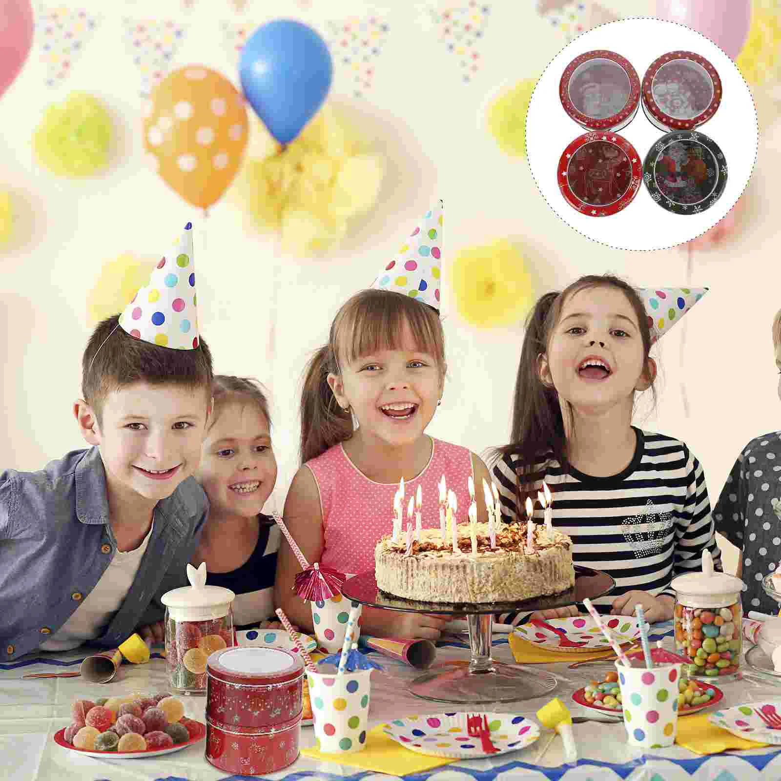 

4pcs Christmas Round Tin Boxes Food Grade Tin Boxes Cartoon Party Favor Boxes Random Style