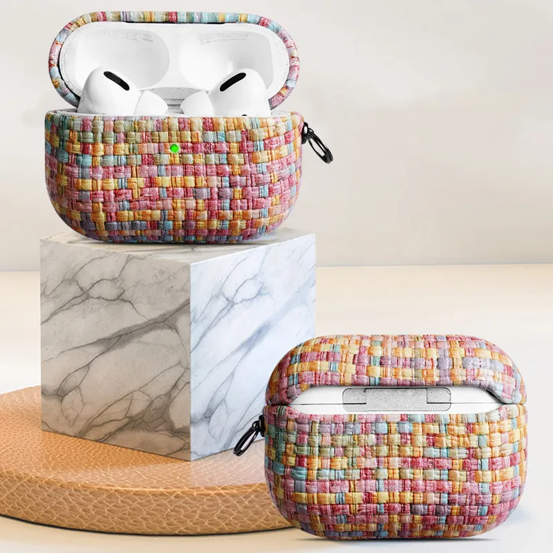 

For airpods pro 2nd earphone accessories PU leather case with buckle woven grain grain case for airpods pro for airpods 3 cover